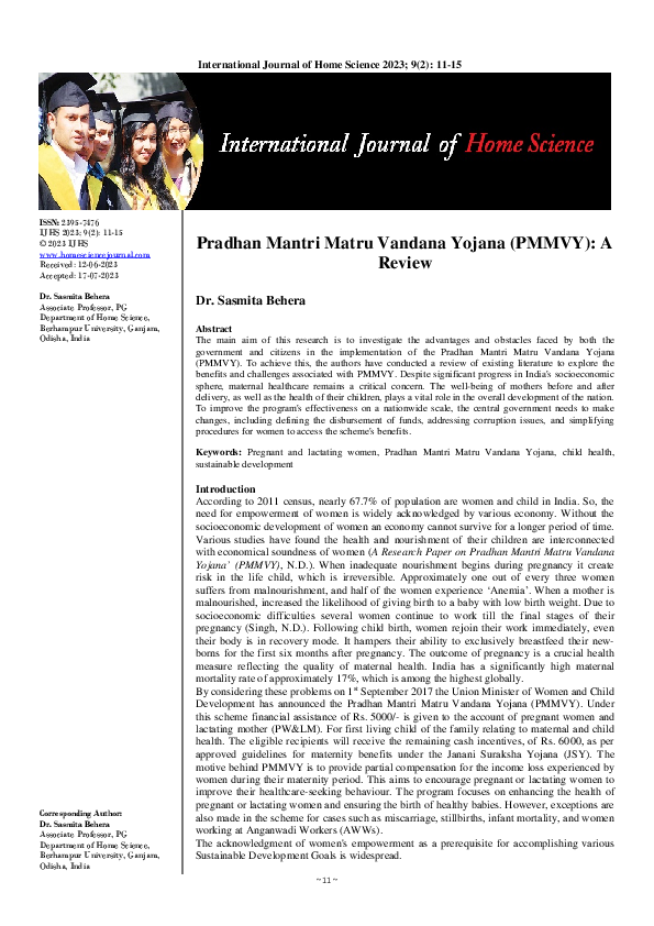 (PDF) Pradhan Mantri Matru Vandana Yojana (PMMVY): A Review