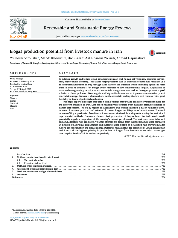(PDF) Biogas production potential from livestock manure in Iran