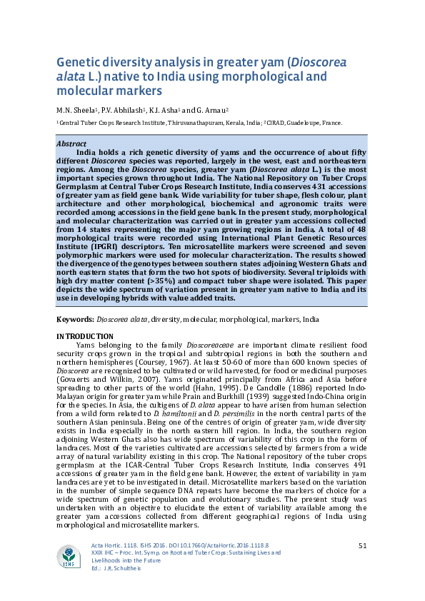 (PDF) Genetic diversity analysis in greater yam (Dioscorea alataL ...