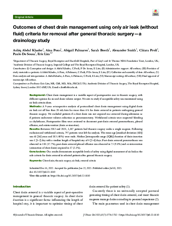 (PDF) Outcomes of chest drain management using only air leak (without ...