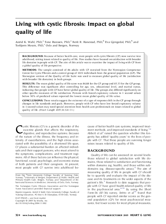 (PDF) Living with cystic fibrosis: Impact on global quality of life