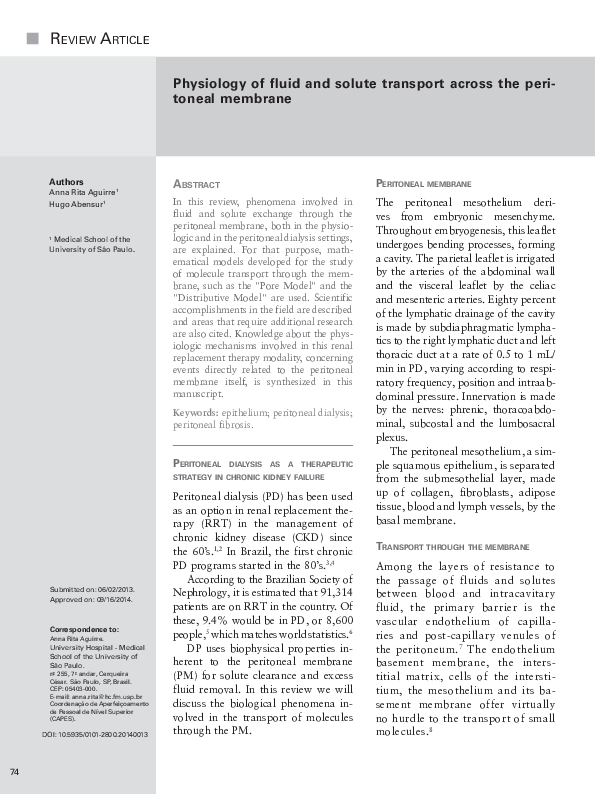 (PDF) Physiology of fluid and solute transport across the peritoneal ...
