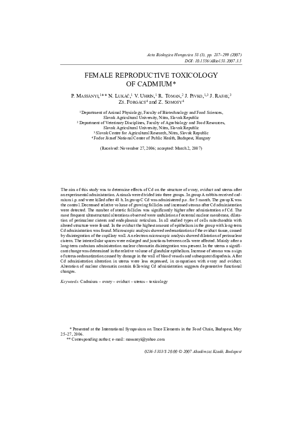 (PDF) Female reproductive toxicology of cadmium