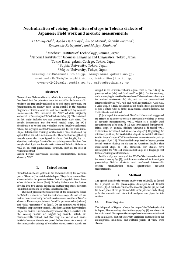 (PDF) Neutralization of Voicing Distinction of Stops in Tohoku Dialects ...