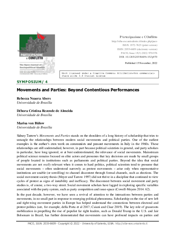 (PDF) Movements and Parties: Beyond Contentious Performances