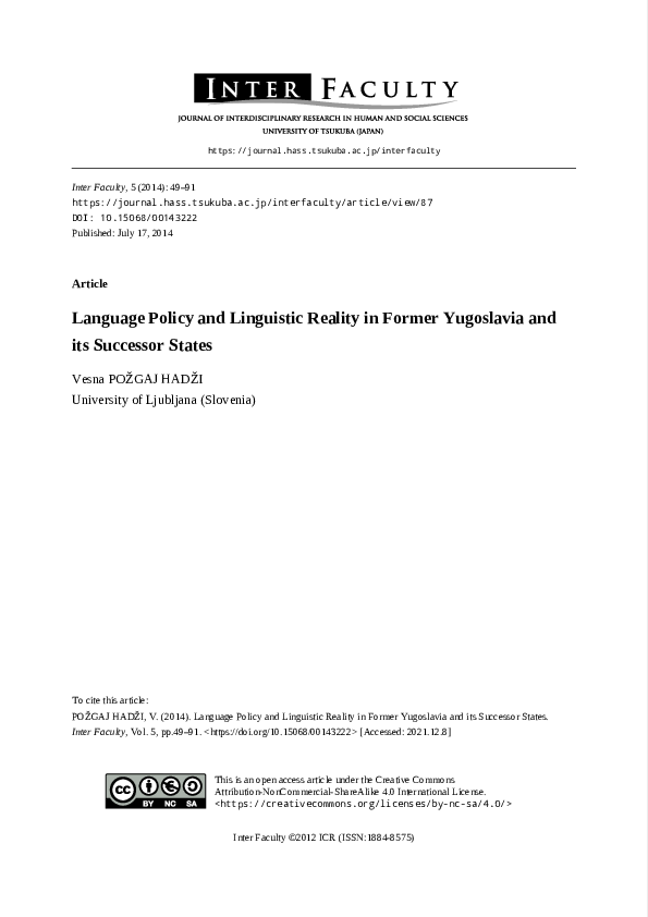 Language Policy and Linguistic Reality in Former Yugoslavia and its Successor States