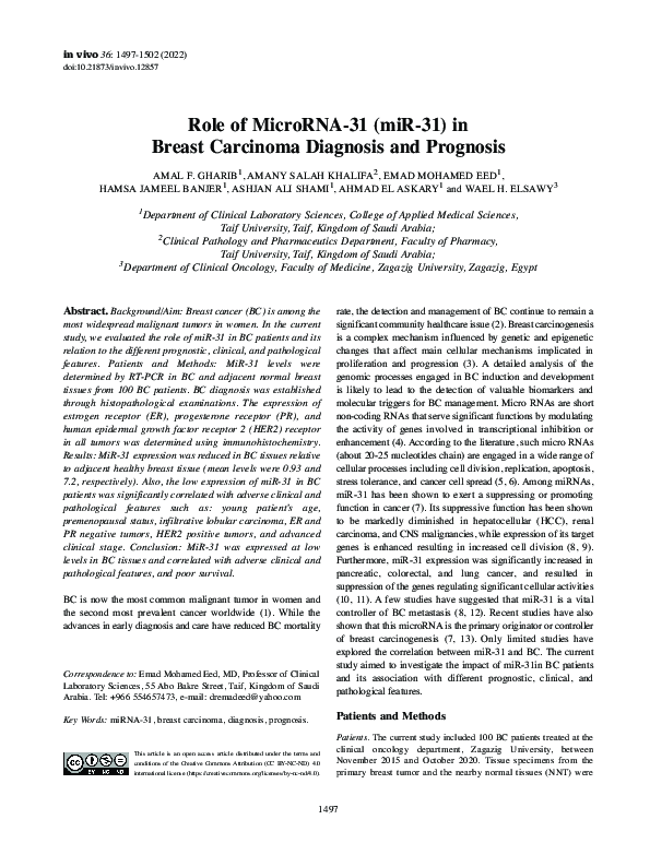 (PDF) Role of MicroRNA-31 (miR-31) in Breast Carcinoma Diagnosis and ...