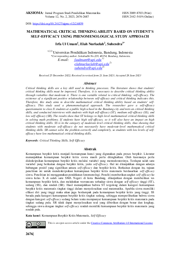 (PDF) Mathematical Critical Thinking Ability Based on Student’s Self ...
