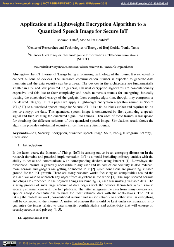 (PDF) Application of a Lightweight Encryption Algorithm to a Quantized ...