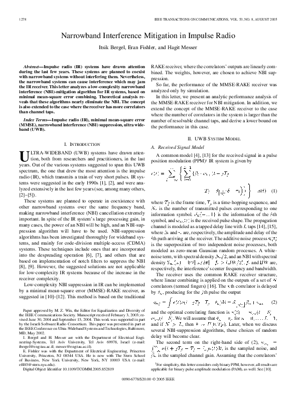 (PDF) Narrowband Interference Mitigation in Impulse Radio