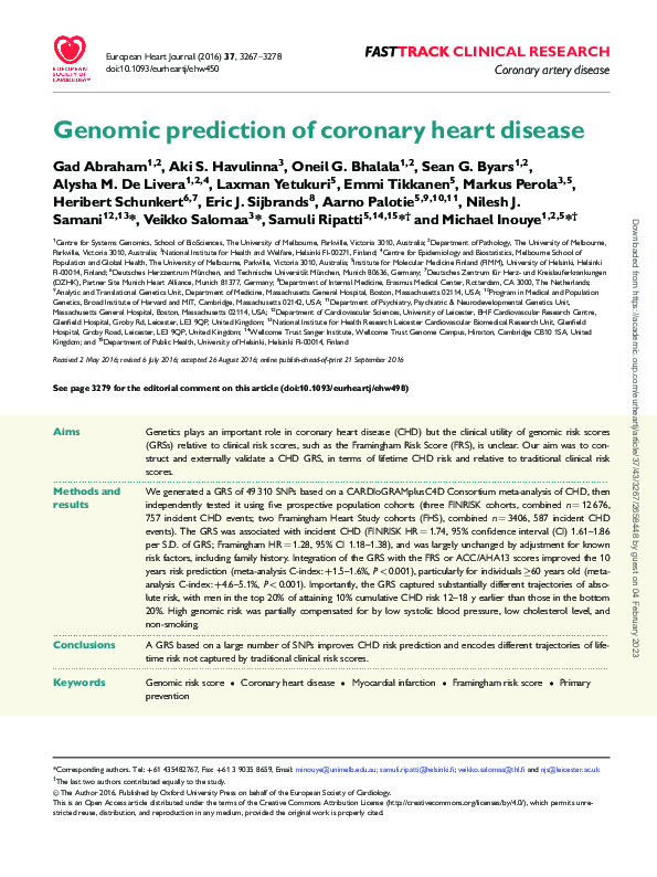 (PDF) Genomic prediction of coronary heart disease