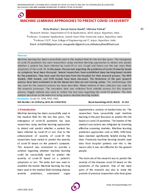 (PDF) MACHINE LEARNING APPROACHES TO PREDICT COVID-19 SEVERITY