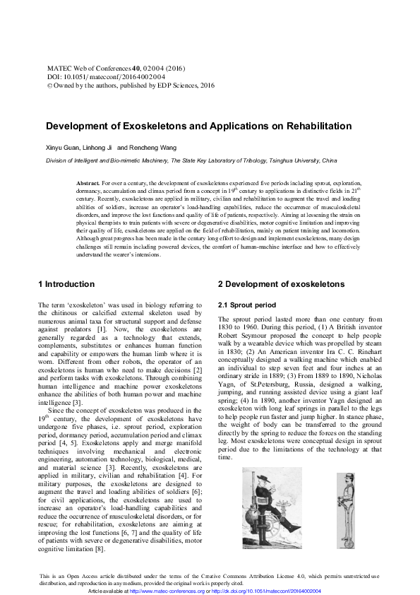(PDF) Development of Exoskeletons and Applications on Rehabilitation