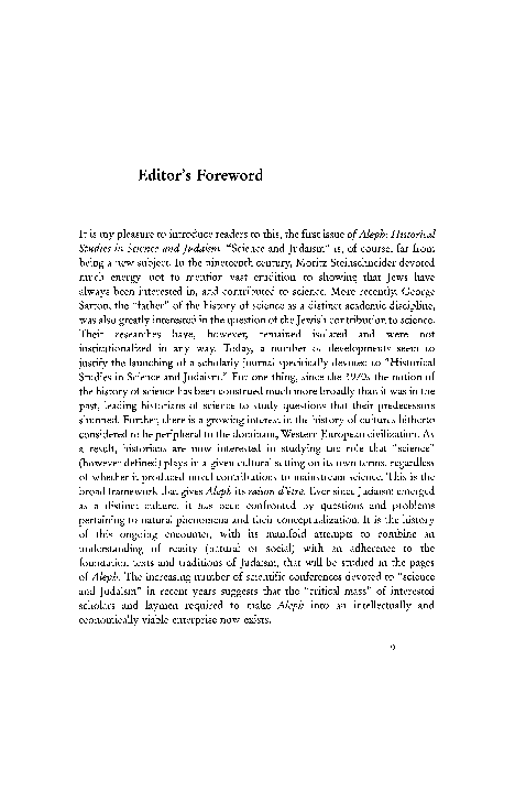 (PDF) Gad Freudenthal, “Editor’s Foreword,” Aleph, no. 1 (2001): 9-10