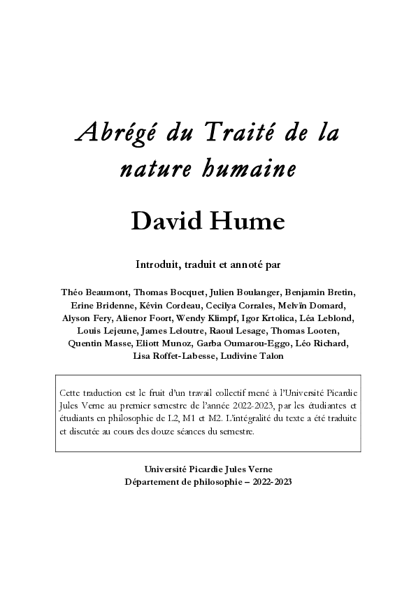 (PDF) Hume, Abrégé du Traité de la nature humaine (présentation ...