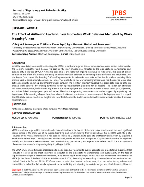 (PDF) The Effect of Authentic Leadership on Innovative Work Behavior ...