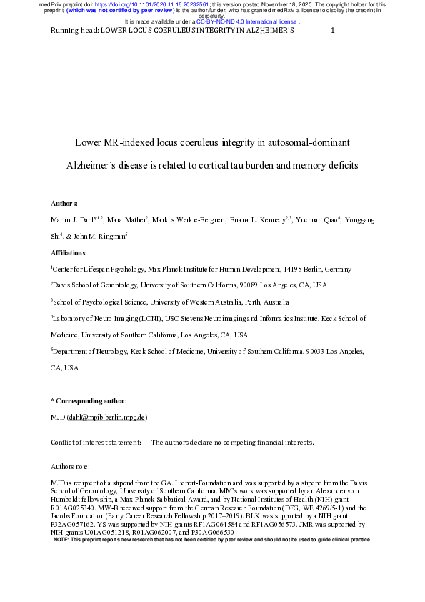 (PDF) Locus coeruleus integrity is related to tau burden and memory ...