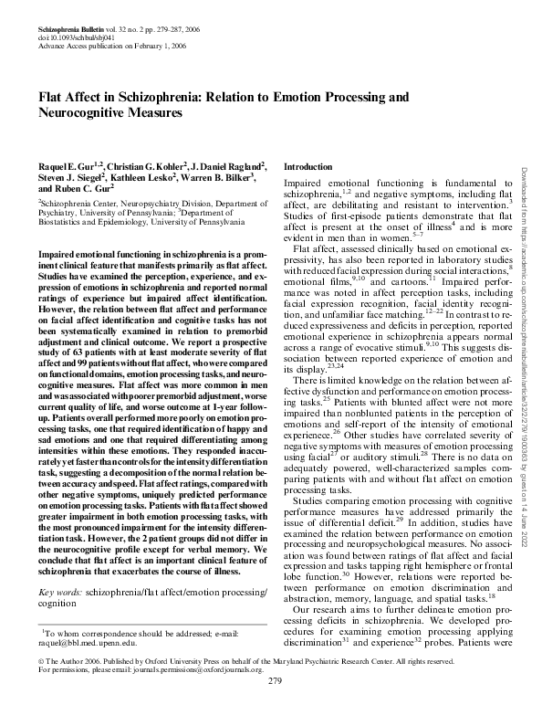(PDF) Flat Affect in Schizophrenia: Relation to Emotion Processing and ...