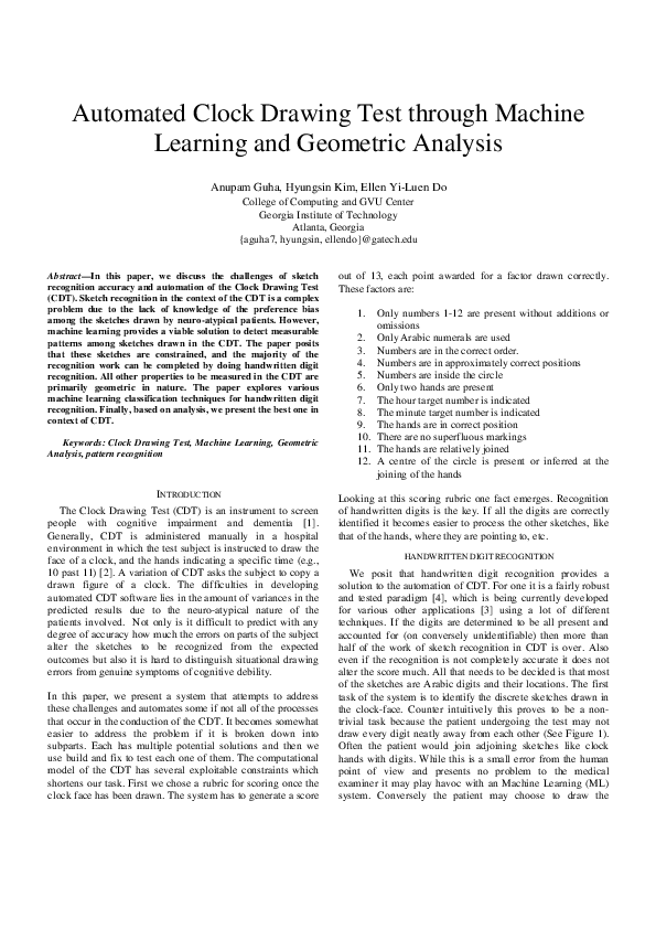 (PDF) Automated Clock Drawing Test through Machine Learning and