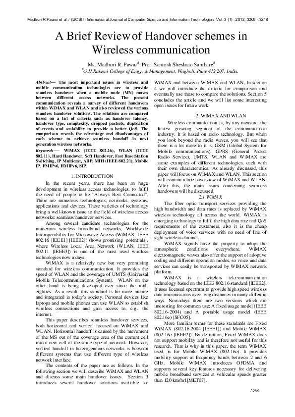 (PDF) A Brief Review of Handover schemes in Wireless communication