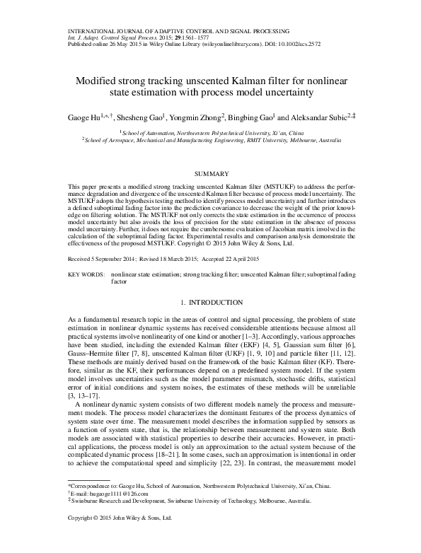 (PDF) Modified strong tracking unscented Kalman filter for nonlinear ...