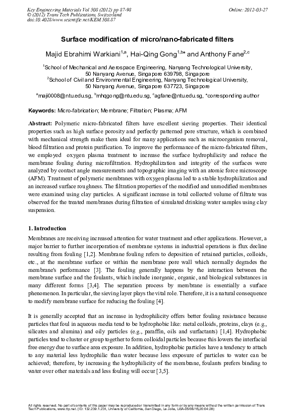 (PDF) Surface Modification of Micro/Nano-Fabricated Filters | Tony Fane ...