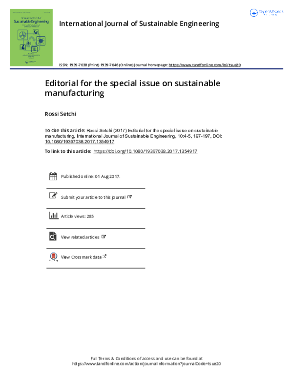 (PDF) Editorial for the special issue on sustainable manufacturing
