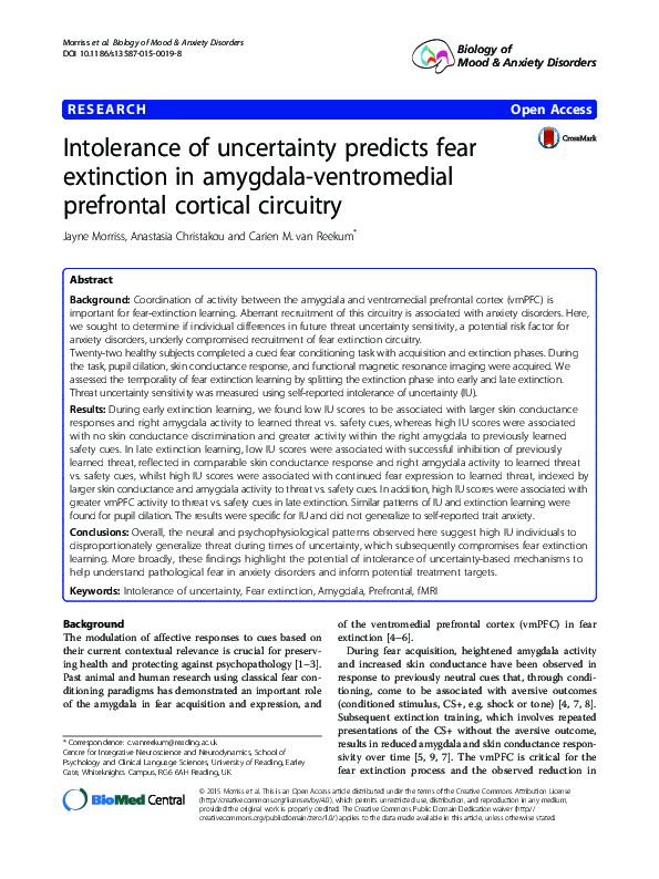 (PDF) Intolerance of uncertainty predicts fear extinction in amygdala ...