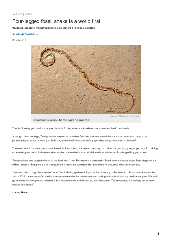 (PDF) Four-legged fossil snake is a world first