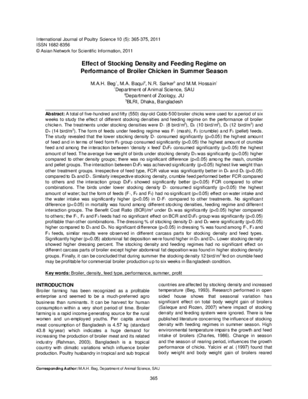 (PDF) Effect of Stocking Density and Feeding Regime on Performance of ...