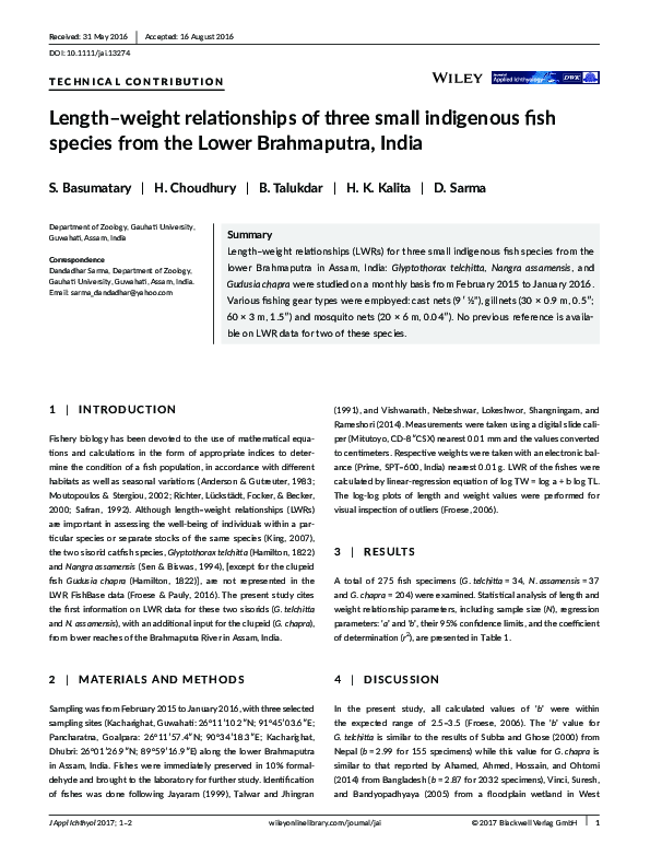 (PDF) Length-weight relationships of three small indigenous fish ...