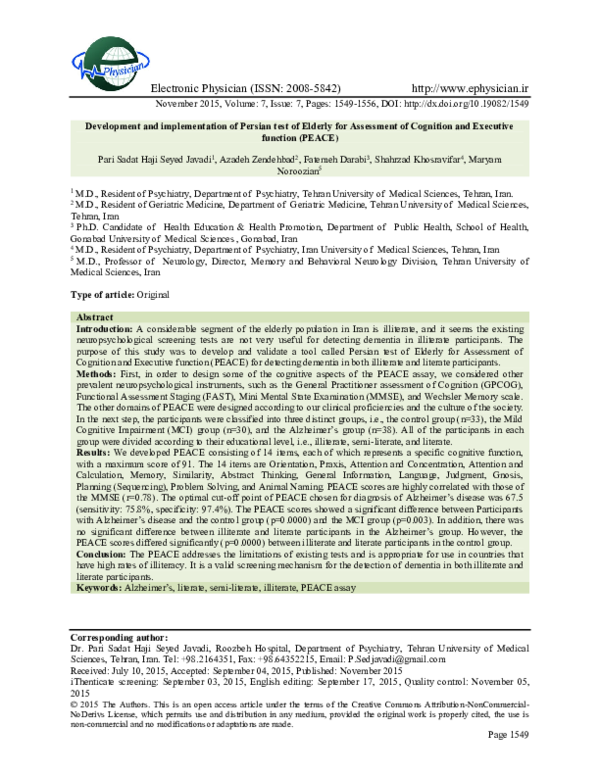 (PDF) Development and implementation of Persian test of Elderly for ...