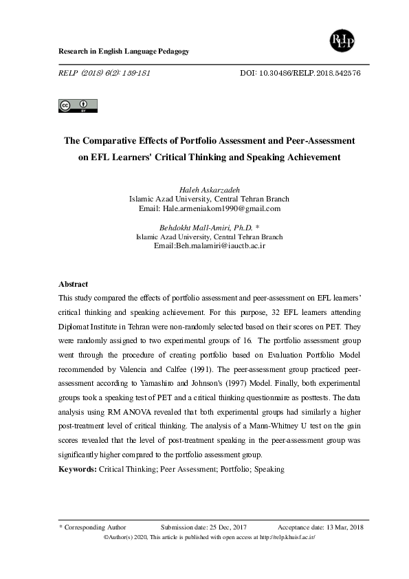 (PDF) The Comparative Effect of Portfolio Assessment and Peer ...