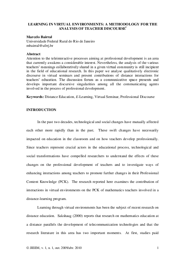 (PDF) Learning in Virtual Environments: A Methodology for the Analysis ...