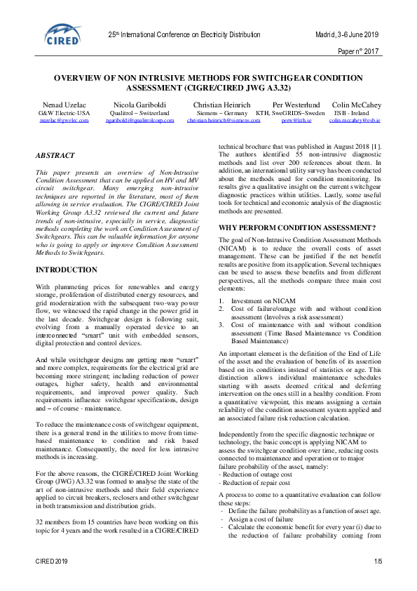 (PDF) Overview of Non Intrusive Methods for Switchgear Condition ...
