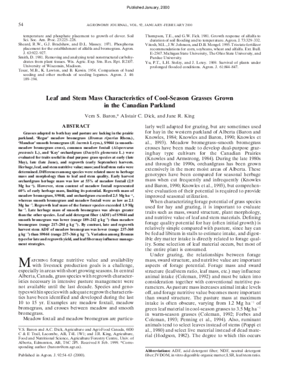 (PDF) Leaf and Stem Mass Characteristics of Cool‐Season Grasses Grown ...