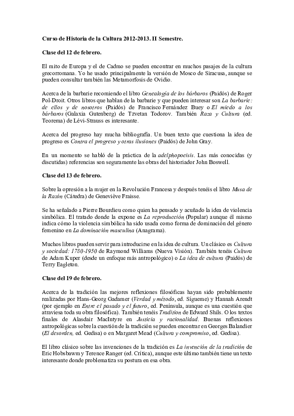 Bibliografia para la asignatura de Historia de la Cultura (2013)
