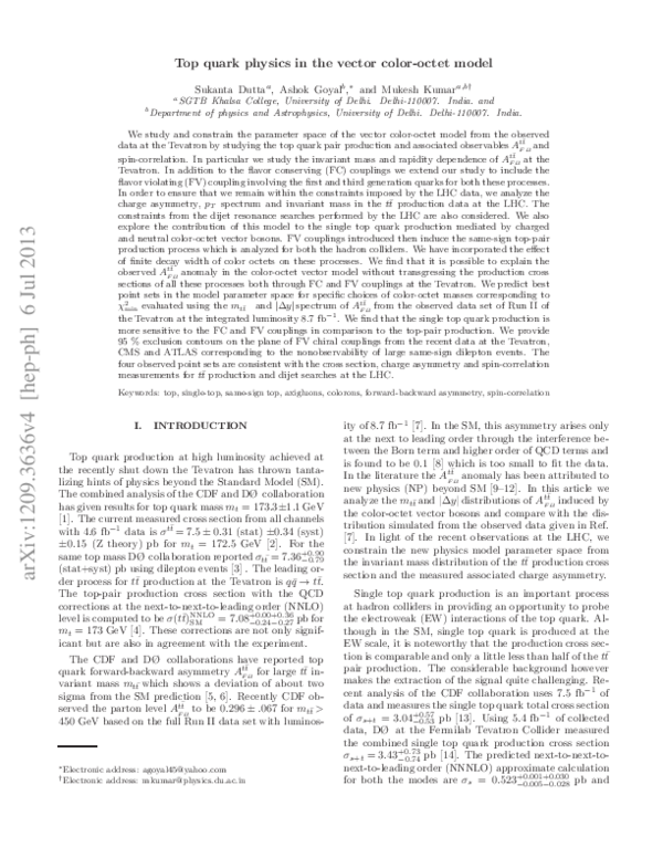 (PDF) Top quark physics in the vector color-octet model
