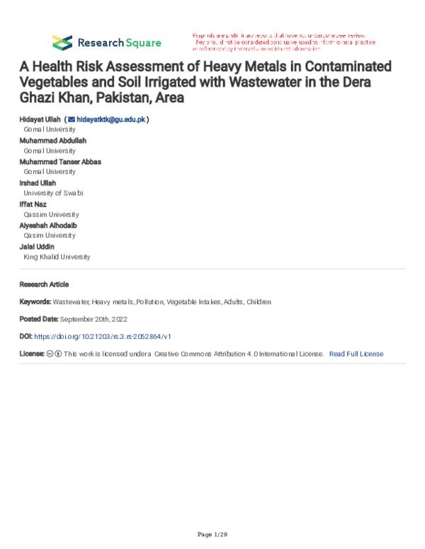 (PDF) A Health Risk Assessment of Heavy Metals in Contaminated ...
