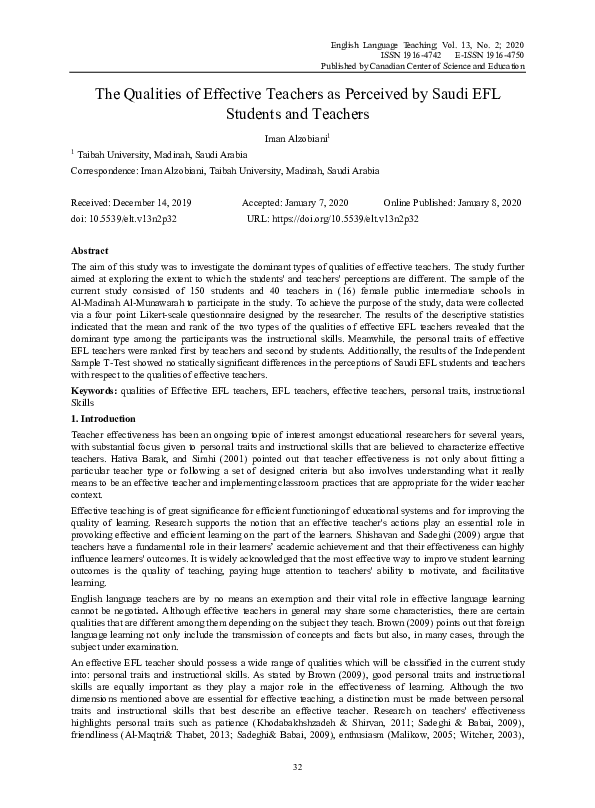 (PDF) The Qualities of Effective Teachers as Perceived by Saudi EFL ...