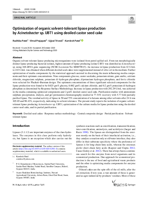 (PDF) Optimization of an organic solventtolerant lipase production by