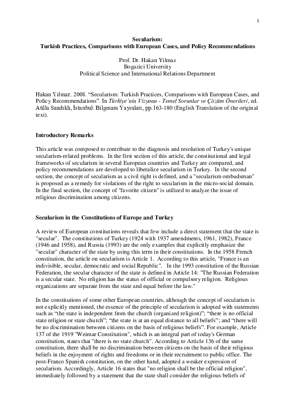 (PDF) Secularism: Turkish Practices, Comparisons with European Cases ...