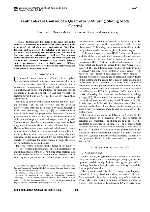 (PDF) Fault tolerant control of a quadrotor UAV using sliding mode control