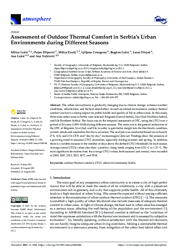 (PDF) Assessment of Outdoor Thermal Comfort in Serbia’s Urban ...