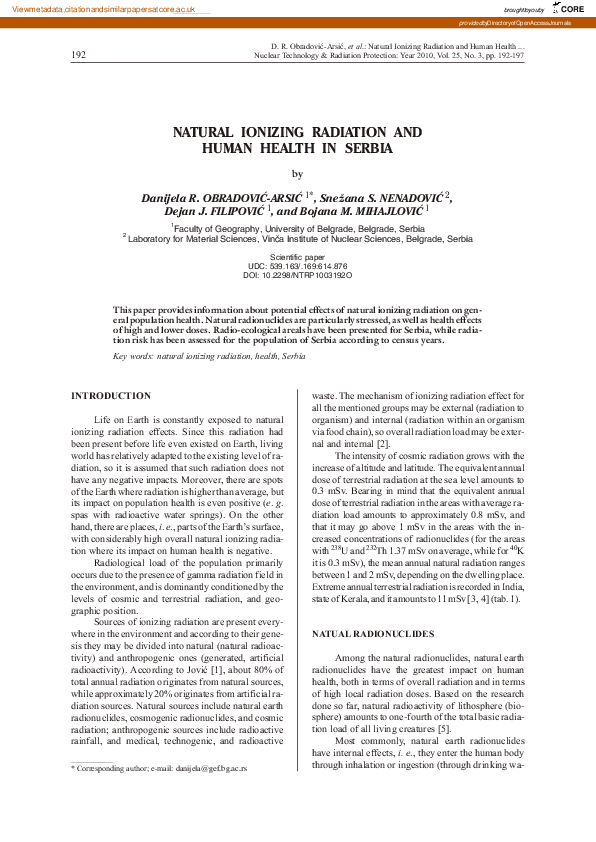 (PDF) Natural ionizing radiation and human health in Serbia
