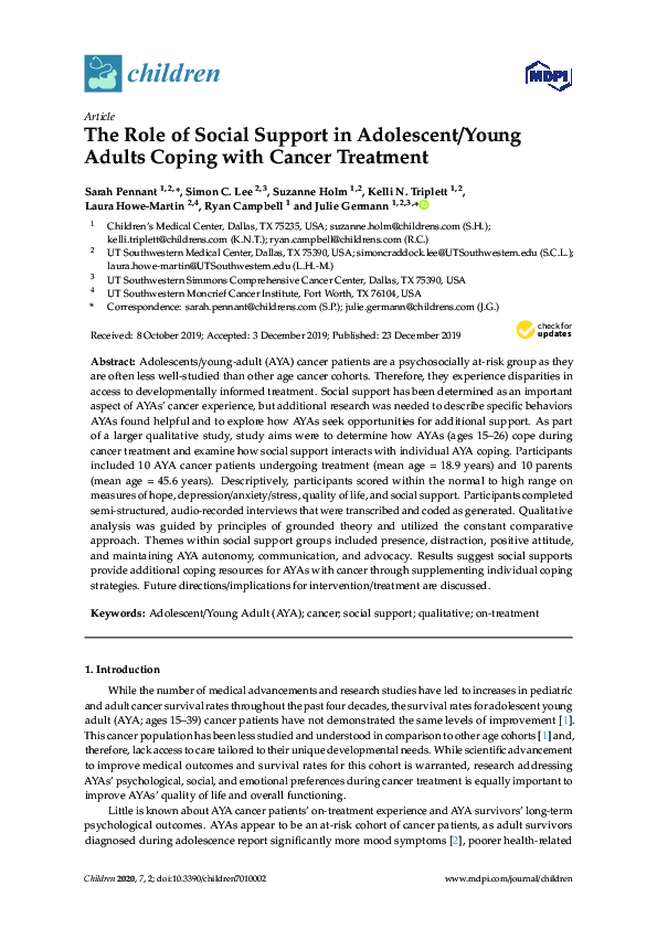 (PDF) The Role of Social Support in Adolescent/Young Adults Coping with ...