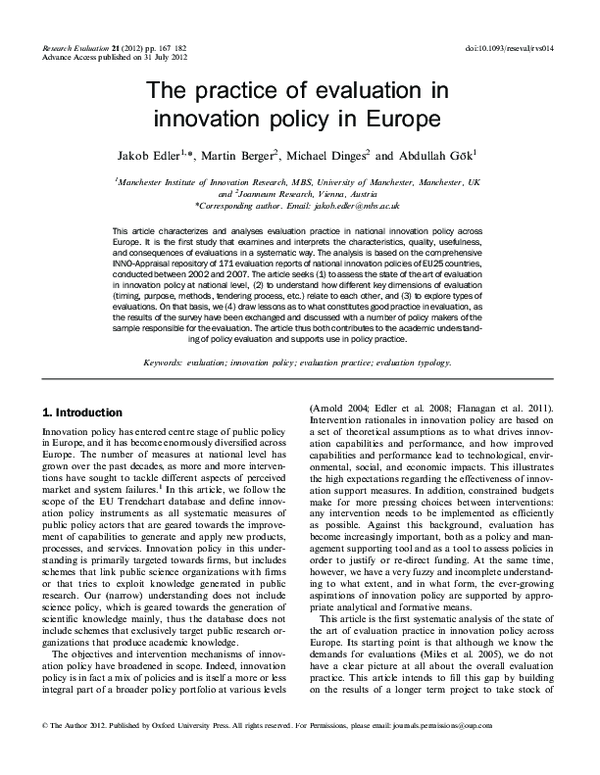 (PDF) The practice of evaluation in innovation policy in Europe