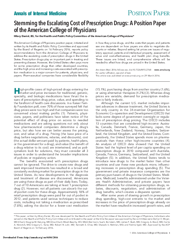 (PDF) Stemming the Escalating Cost of Prescription Drugs: A Position ...