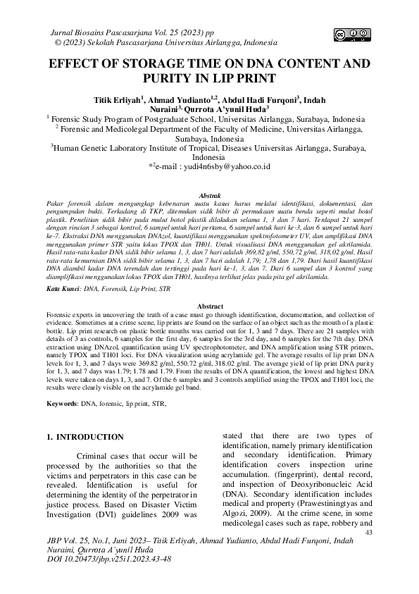 (PDF) Effect of Storage Time on DNA Content and Purity in Lip Print