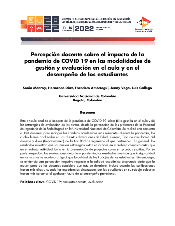 (PDF) Percepción docente sobre el impacto de la pandemia de COVID 19 en ...